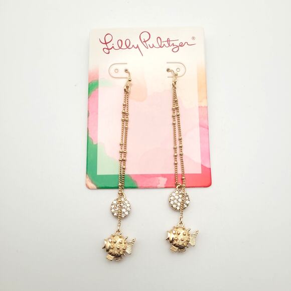 Lilly Pulitzer Gold Fish Drop Earrings Dangling Sparkly Puffer Fish Ocean Resort - Picture 2 of 8